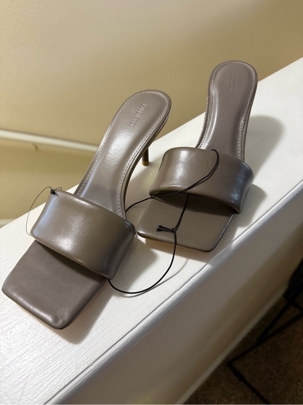Taupe Square-Toe Slide Kitten Heels